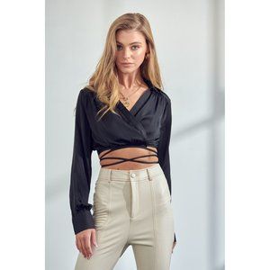 LONG SLEEVE V NECK WAIST STRAP CROPPED SHIRT